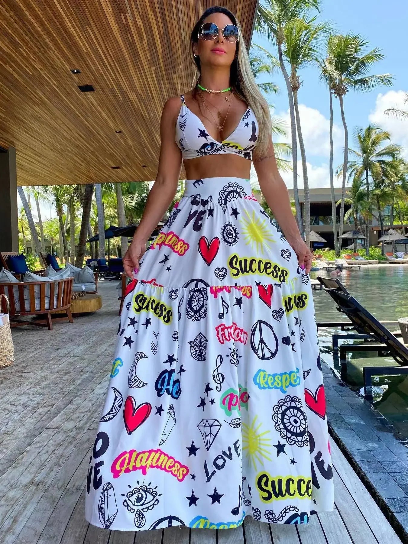 Hand-Painted Oversized 2-Piece Set – Backless Crop Top & Flowing Skirt - Piña Colada