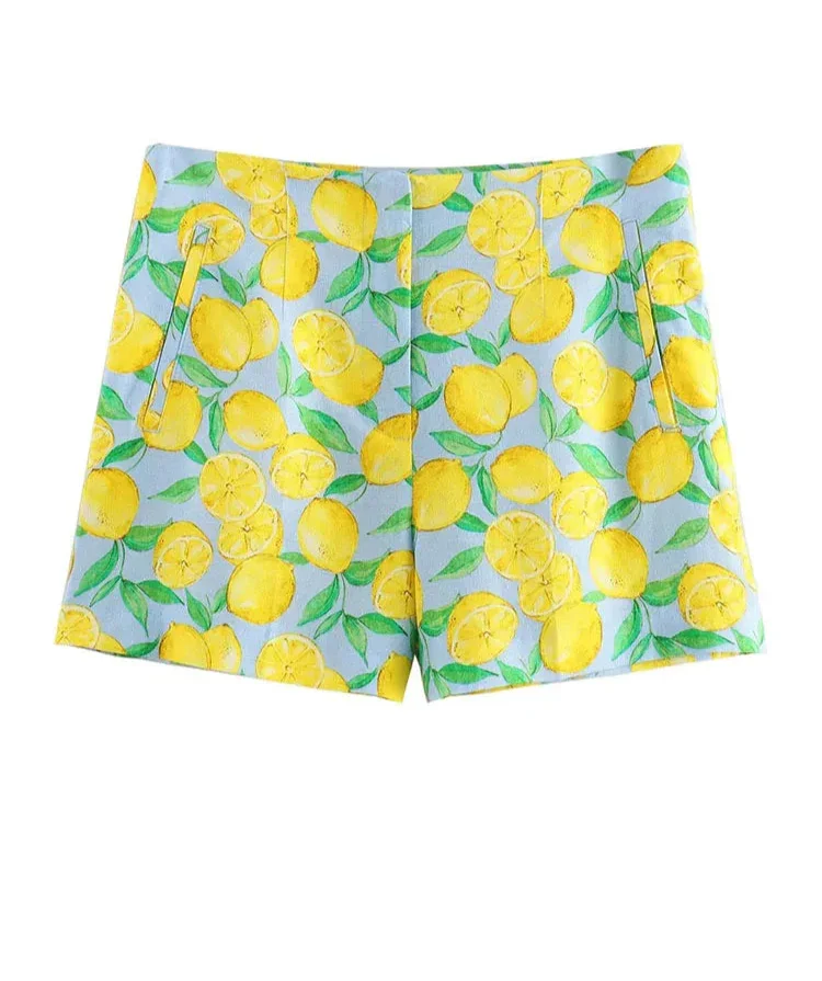 Yellow Lemon Print Casual Shorts - Piña Colada
