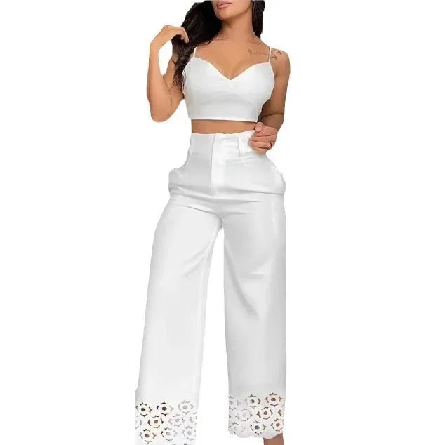 Hollow Crochet Detail Set – Casual Loose Fit Two-Piece - Piña Colada
