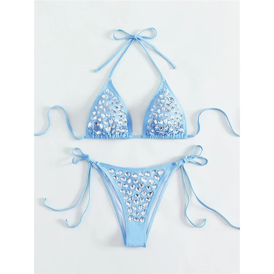 Diamond Rhinestones Halter Bikini - Piña Colada