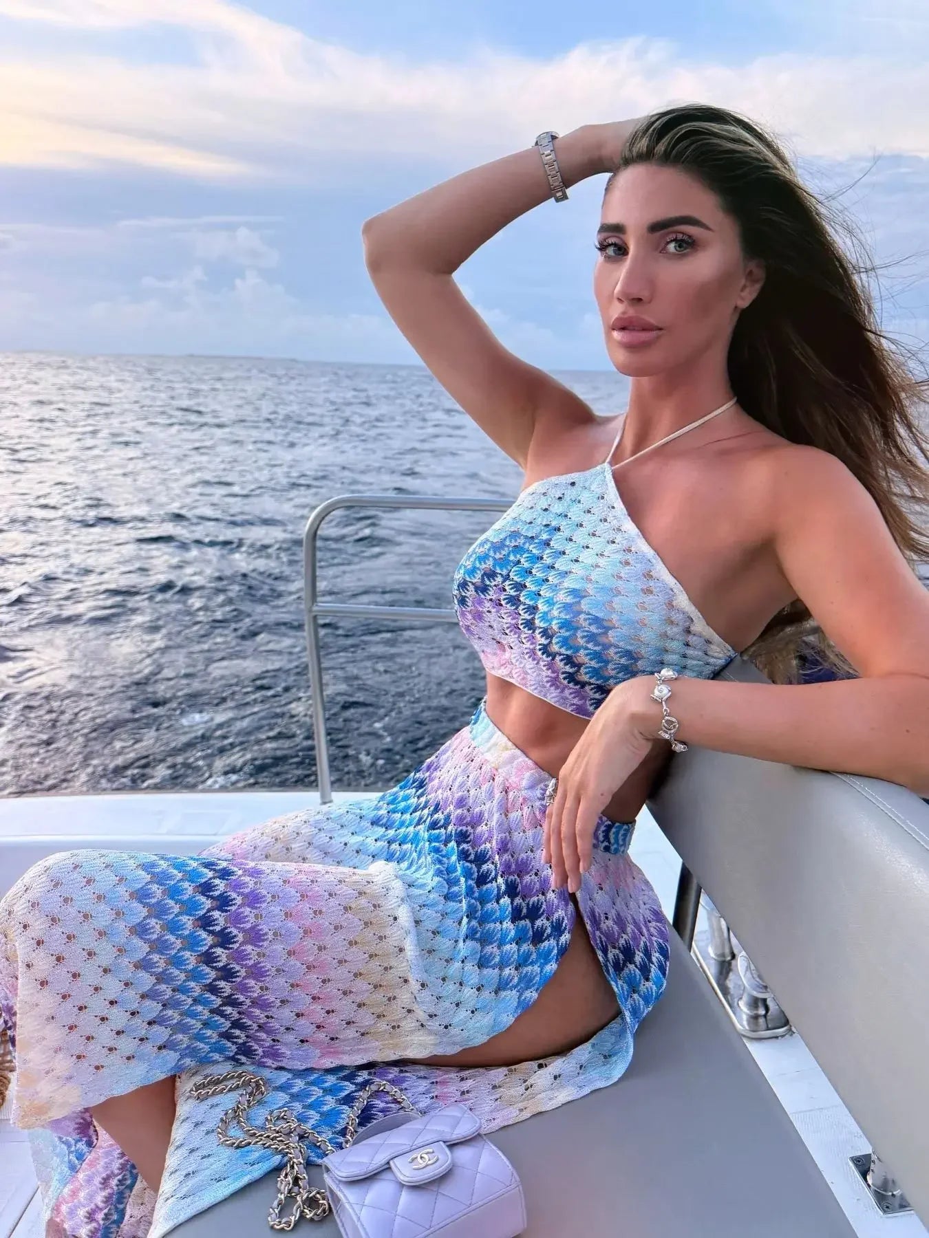 Printed Tube Top & Mesh Halter Pants Set - Piña Colada