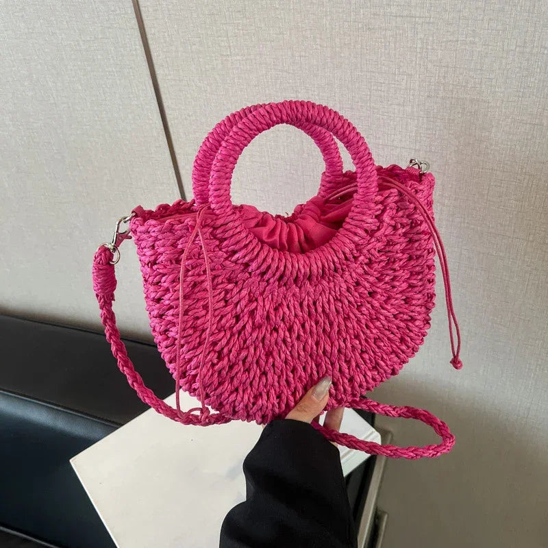 Boho Rattan Half-Moon Crossbody Bag – Handwoven Summer Straw Shoulder Purse - Piña Colada