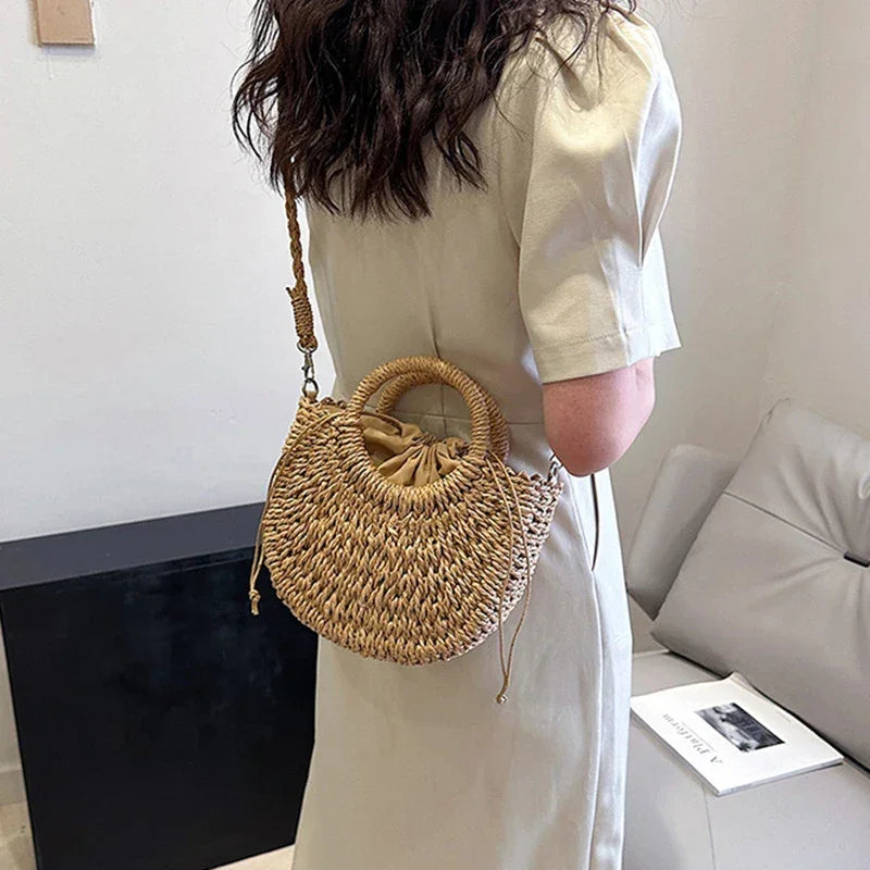 Straw Rattan Half-Moon Beach Handbag - Piña Colada