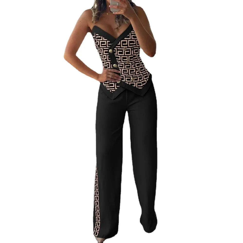 Geometric Print Sleeveless V-Neck Top & Pants Set - Piña Colada