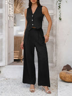 Summer V-Neck Button Crop Top & Wide-Leg Pants Set - Piña Colada