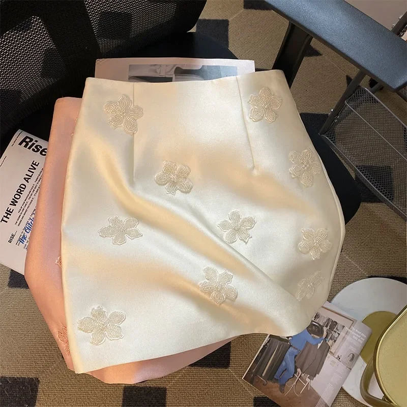 High Waist A-line Skirts Beaded Flower - Piña Colada