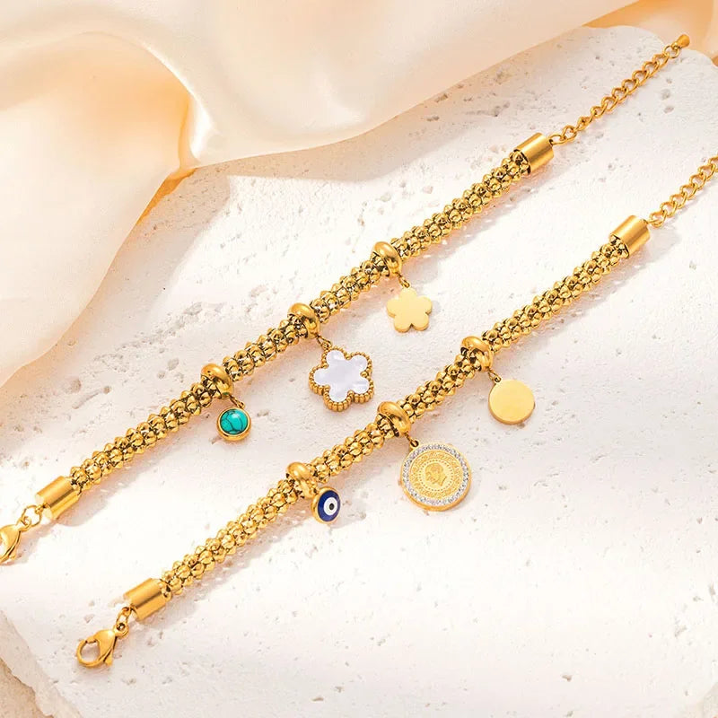 Thick Stainless Steel Star Flower Pendant Bracelet - Piña Colada