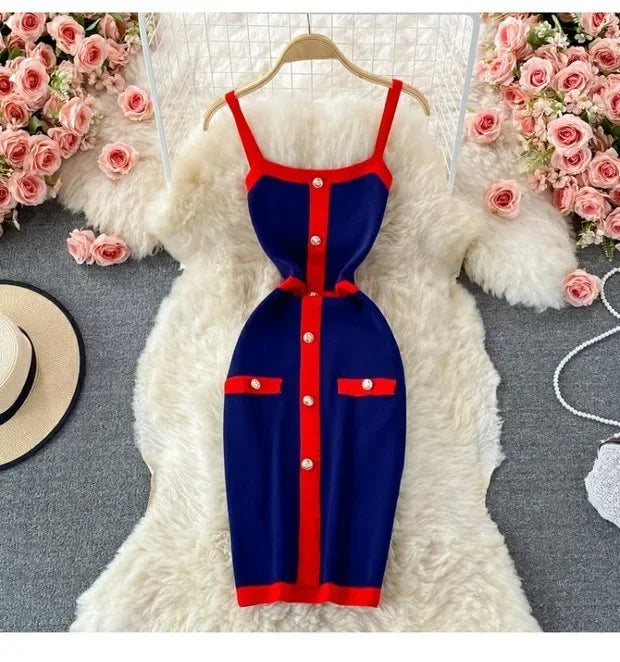 Patchwork Knit Mini Dress – Spaghetti Strap Streetwear - Piña Colada