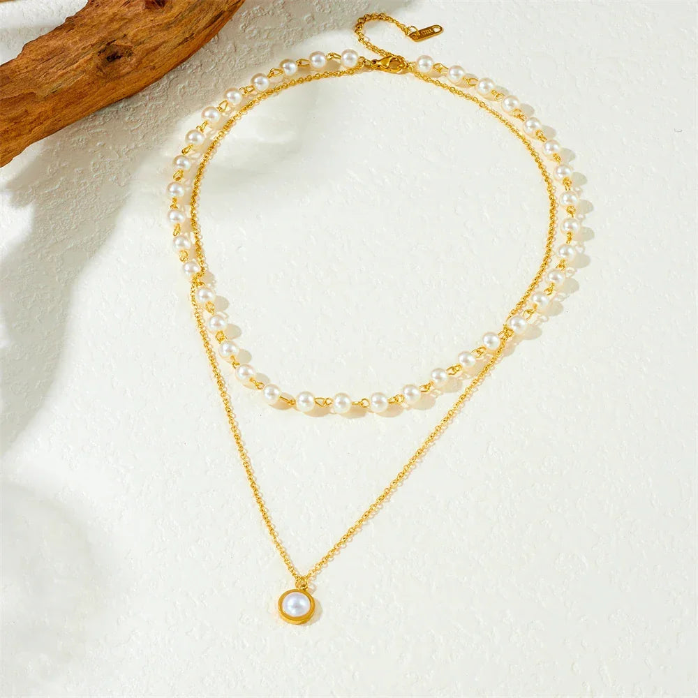 Stainless Steel Golden Round Pearl Pendant - Piña Colada