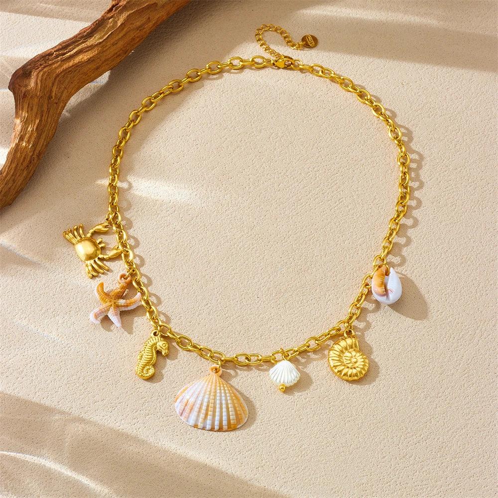 Stainless Steel Crab Seahorse Conch Necklace - Piña Colada