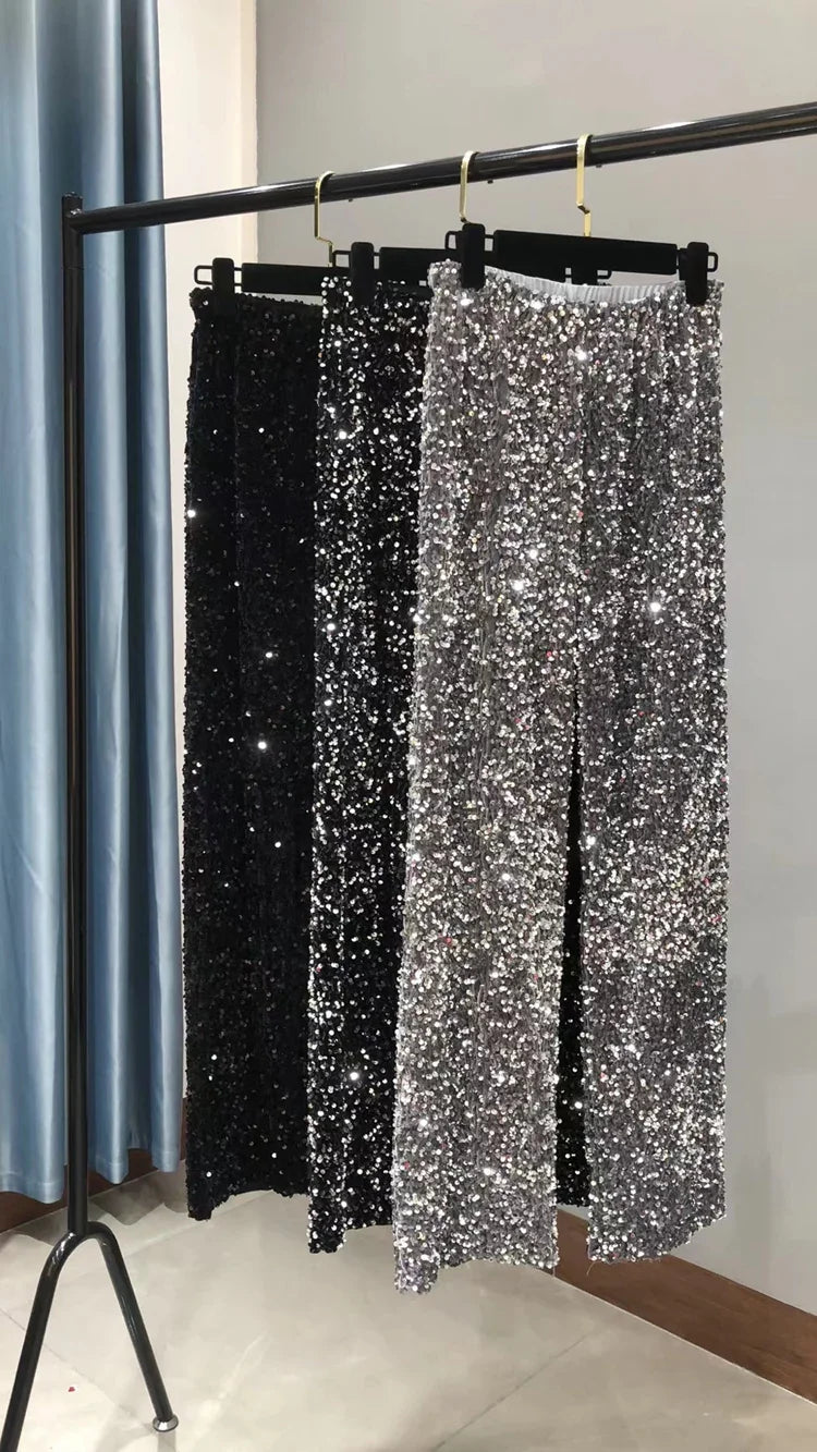 Sequined Wide-Leg Floor-Length Pants – High Waist Streetwear - Piña Colada