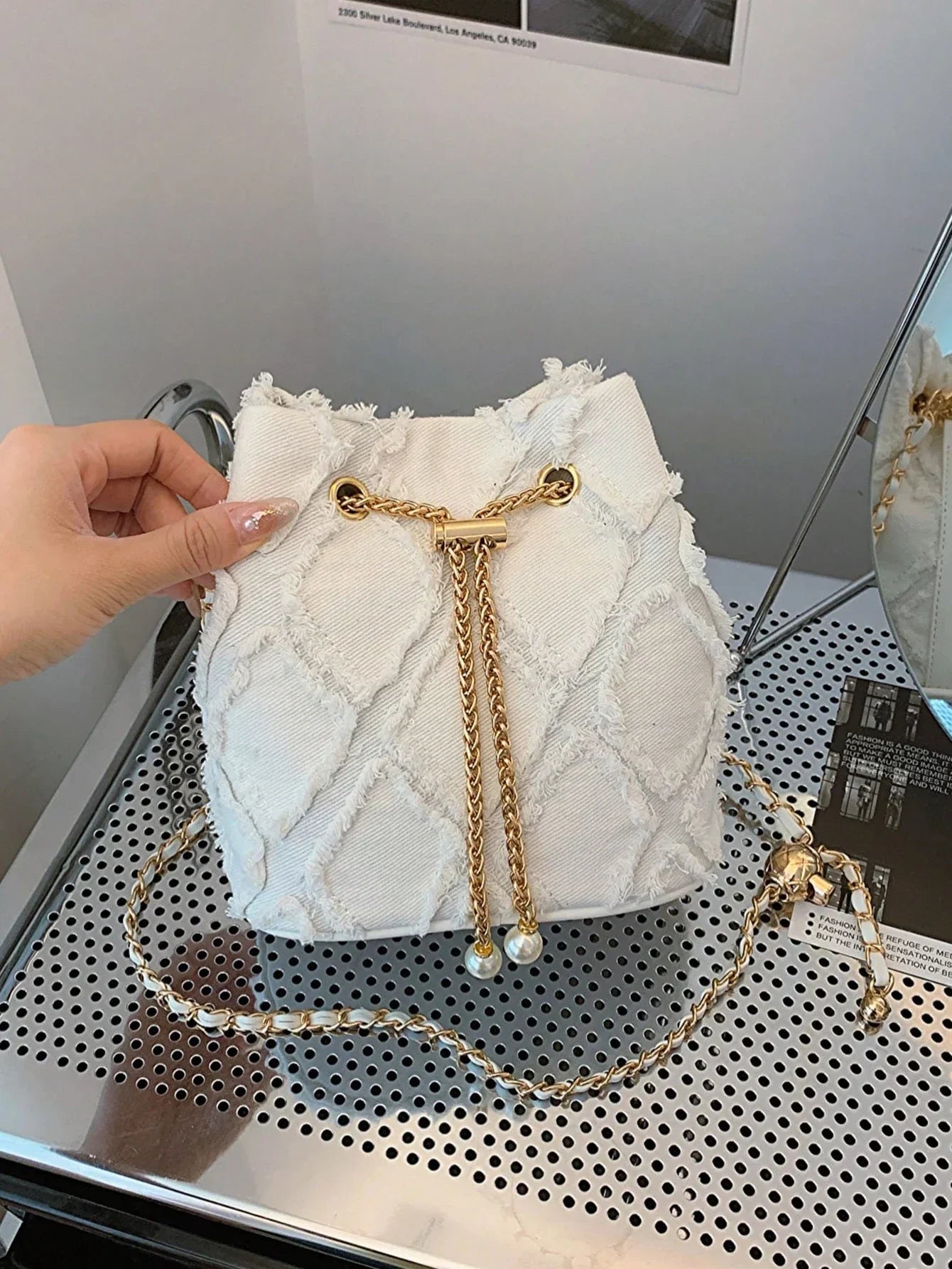 Vintage Denim Bucket Bag Retro Style - Piña Colada