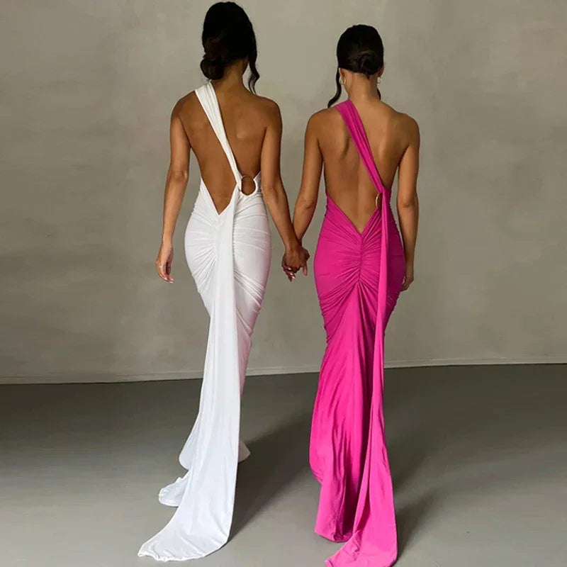 One Shoulder Backless Adjustable Scarf Maxi Dress - Piña Colada