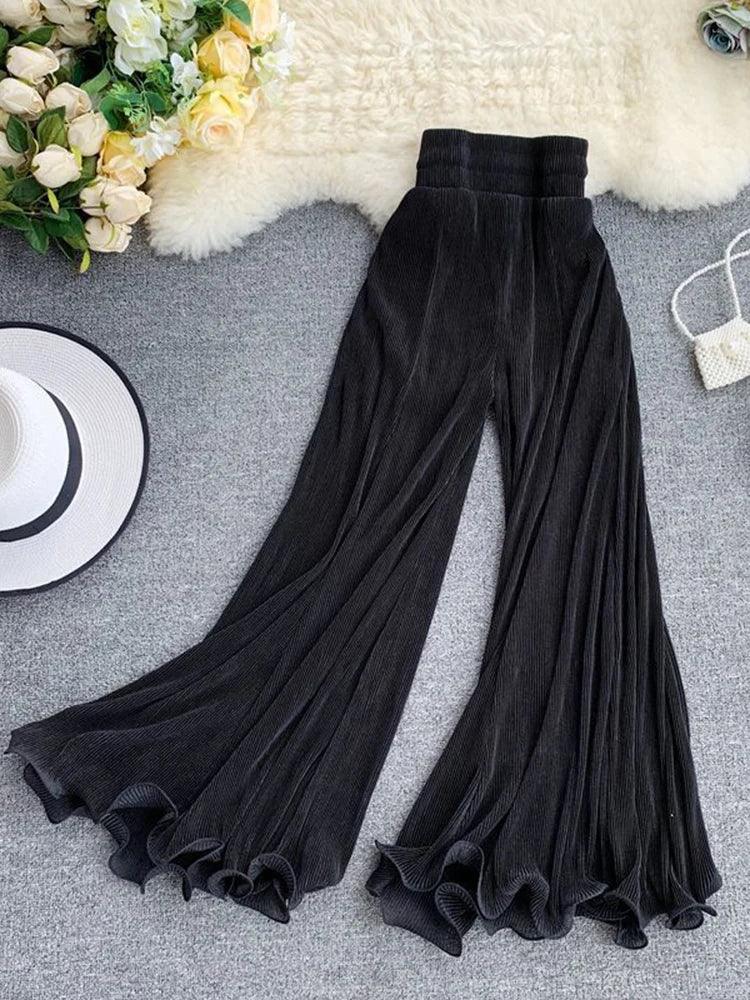Light Chiffon Flowy Flare Pants – High Waist Summer Casual - Piña Colada