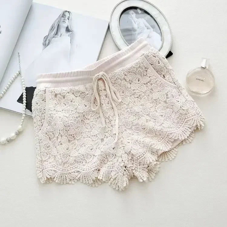 Casual High-Waist Appliqué Shorts with Drawstring - Piña Colada