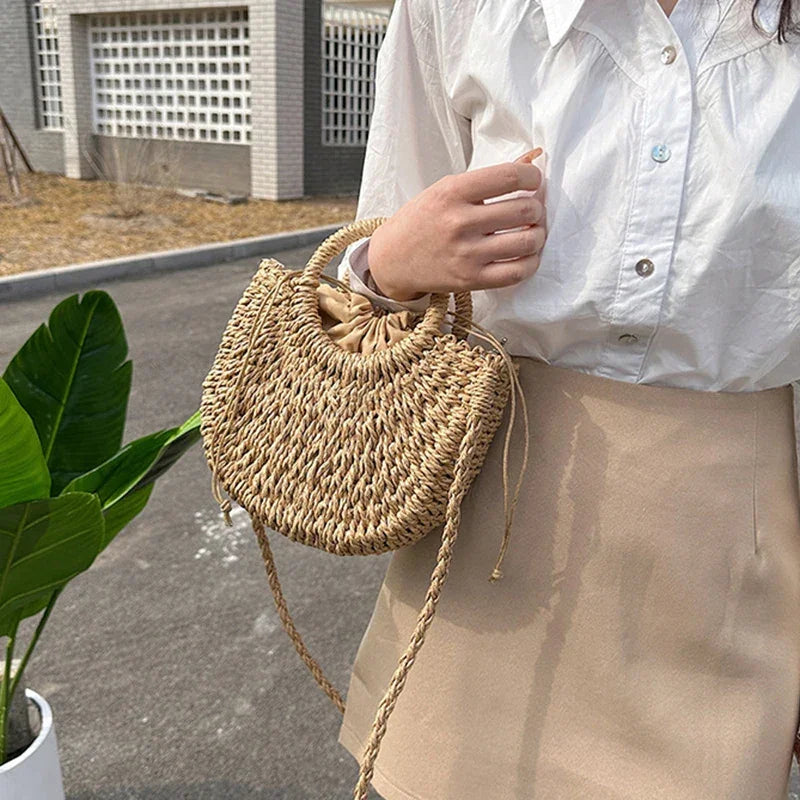 Straw Rattan Half-Moon Beach Handbag - Piña Colada