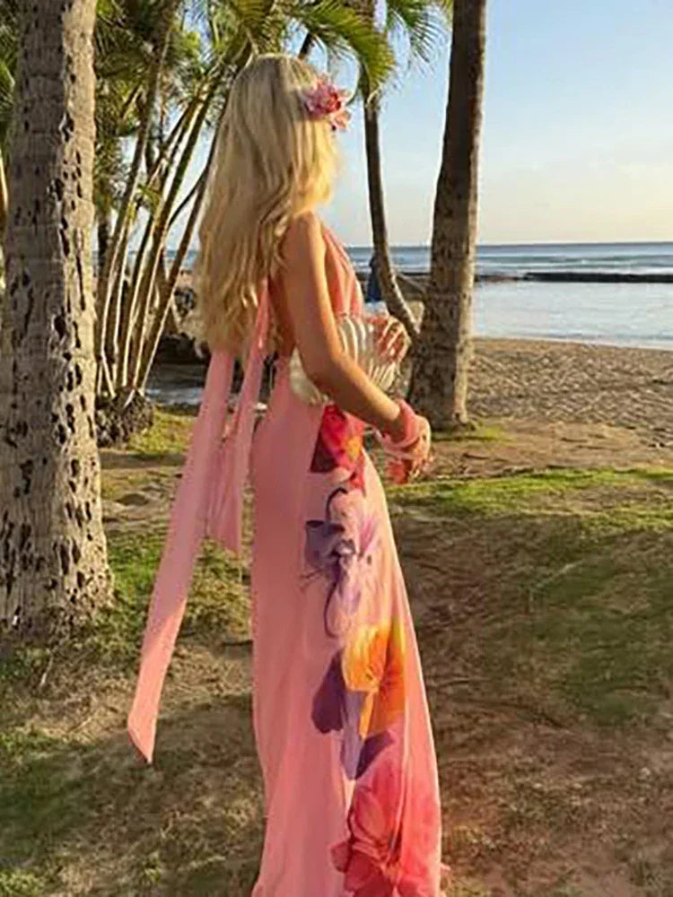 Flower Print Dress Women Backless - Piña Colada