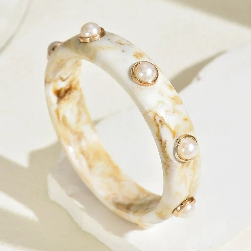 Resin Pearl Shell Wide Bangles - Piña Colada