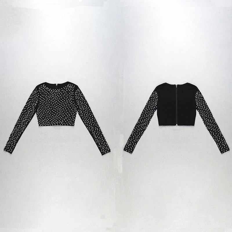 Beaded Knit Two-Piece Set – Elegant Mini Skirt &amp; Long Sleeve Top - Piña Colada