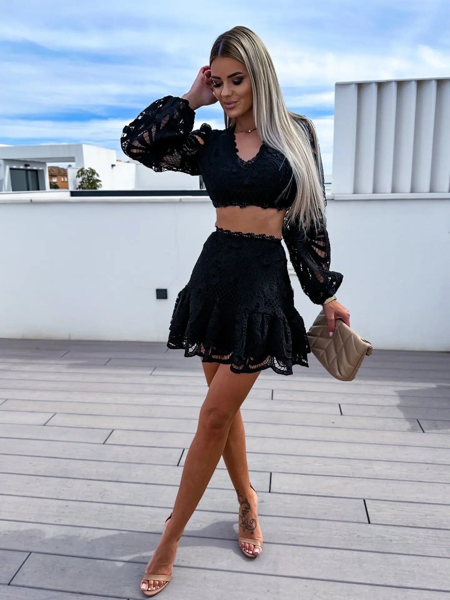 White Lace Patchwork Skirts Two Piece - Piña Colada