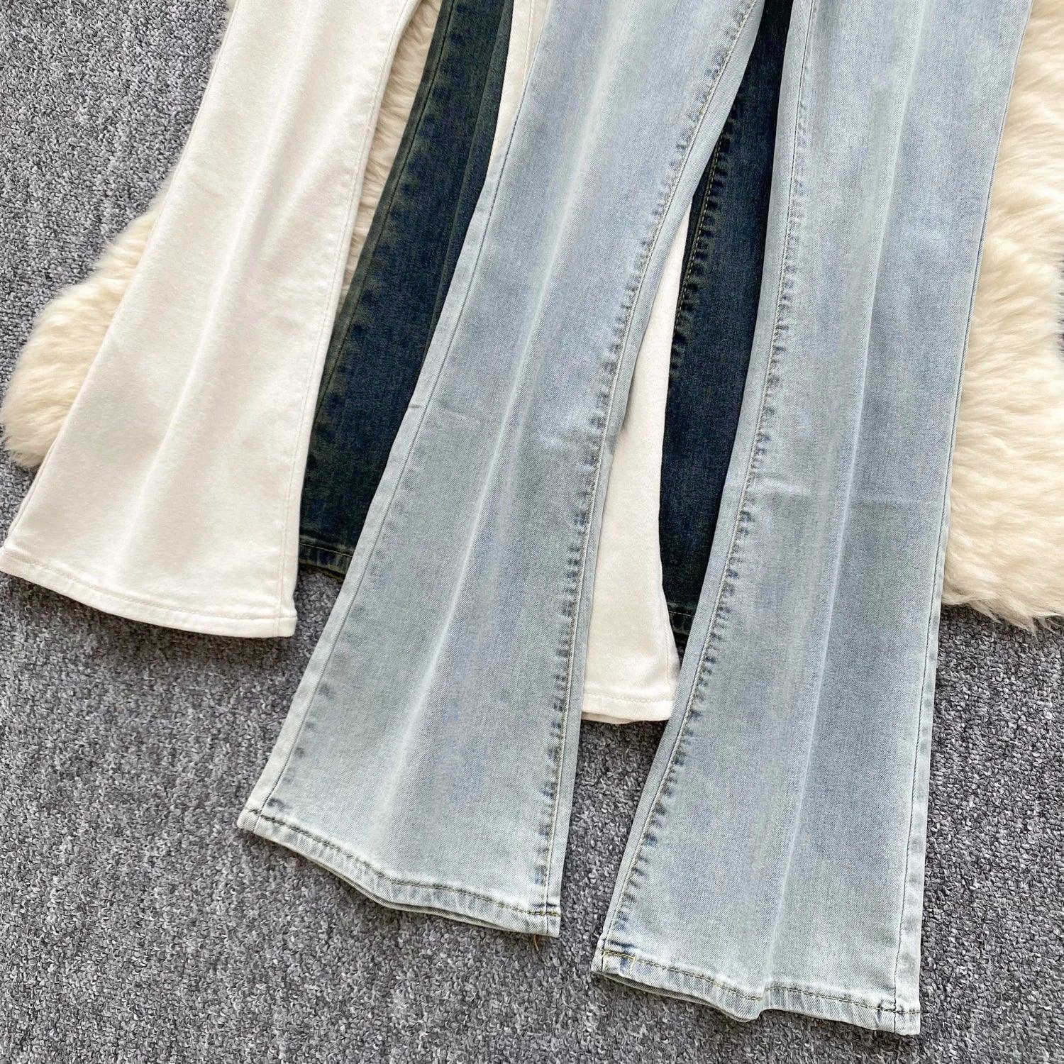 High-Waisted Flared Denim Pants with Faux Zippers – Streetwear Style - Piña Colada