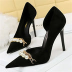 Pointed Toe Pearl Metal Chain Side Chain Pumps - Piña Colada