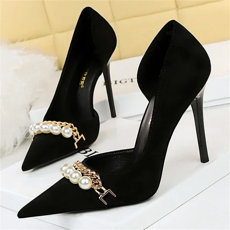 Pointed Toe Pearl Metal Chain Side Chain Pumps - Piña Colada
