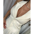 V-Neck Vest & Pleated Mini Skirt Set - Piña Colada