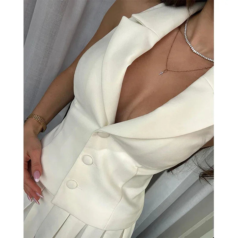 V-Neck Vest & Pleated Mini Skirt Set - Piña Colada