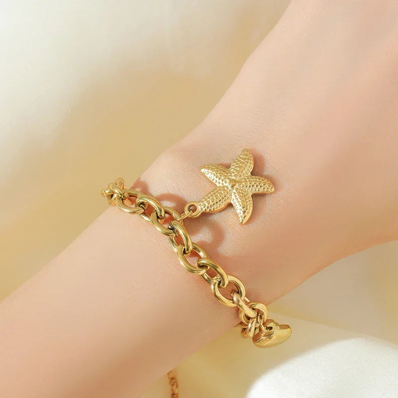 Stainless Steel Starfish & Moon Charm Bracelet - Piña Colada