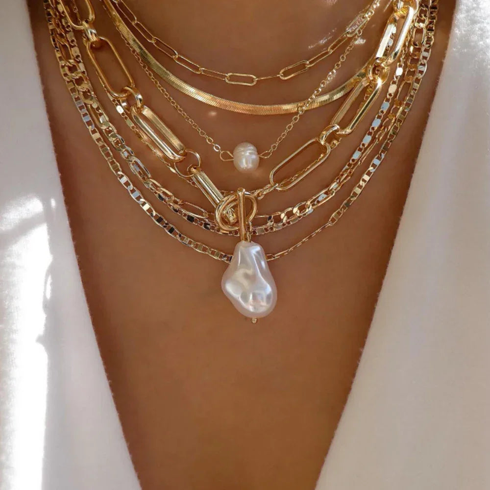 Boho Multi-Layer Gold Crystal Pendant Necklace Set - Piña Colada