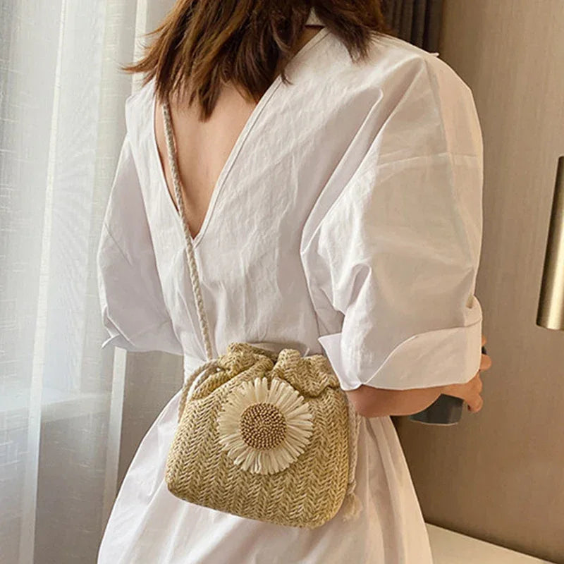 Straw Bag Handbag Knit Flower - Piña Colada
