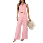 Summer V-Neck Button Crop Top & Wide-Leg Pants Set - Piña Colada