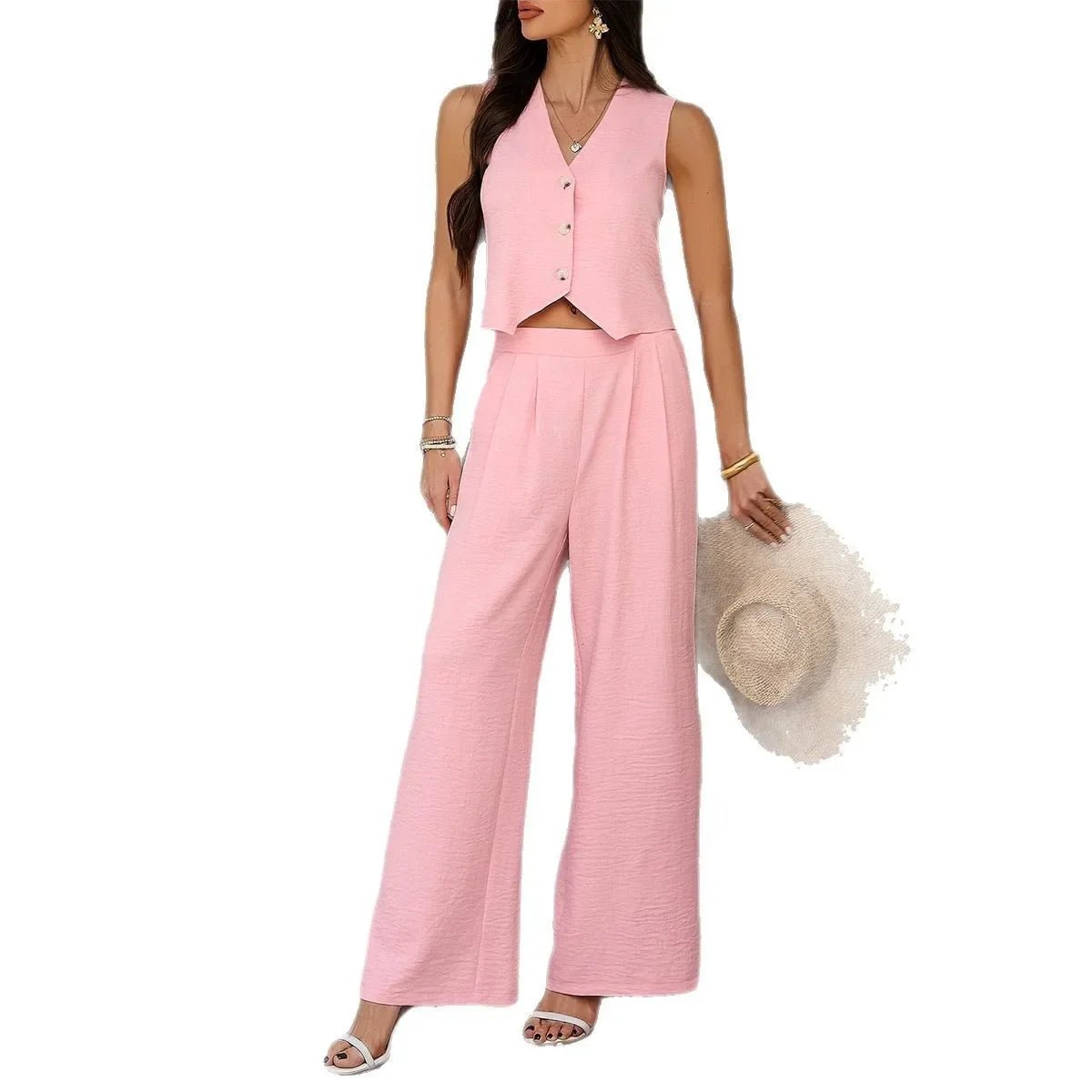 Summer V-Neck Button Crop Top & Wide-Leg Pants Set - Piña Colada