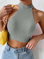Backless Ribbed Knit Halter Crop Top – Slim Fit Casual Streetwear - Piña Colada