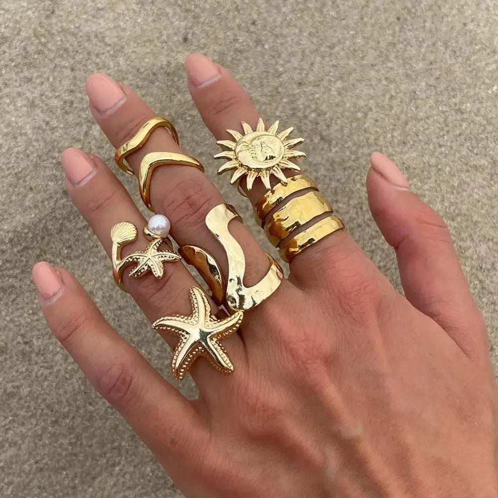 6Pcs/Set Vintage Sun Starfish Open Rings - Piña Colada