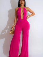 Elegant Halter Deep V Backless Cutout Wide Leg Jumpsuits - Piña Colada