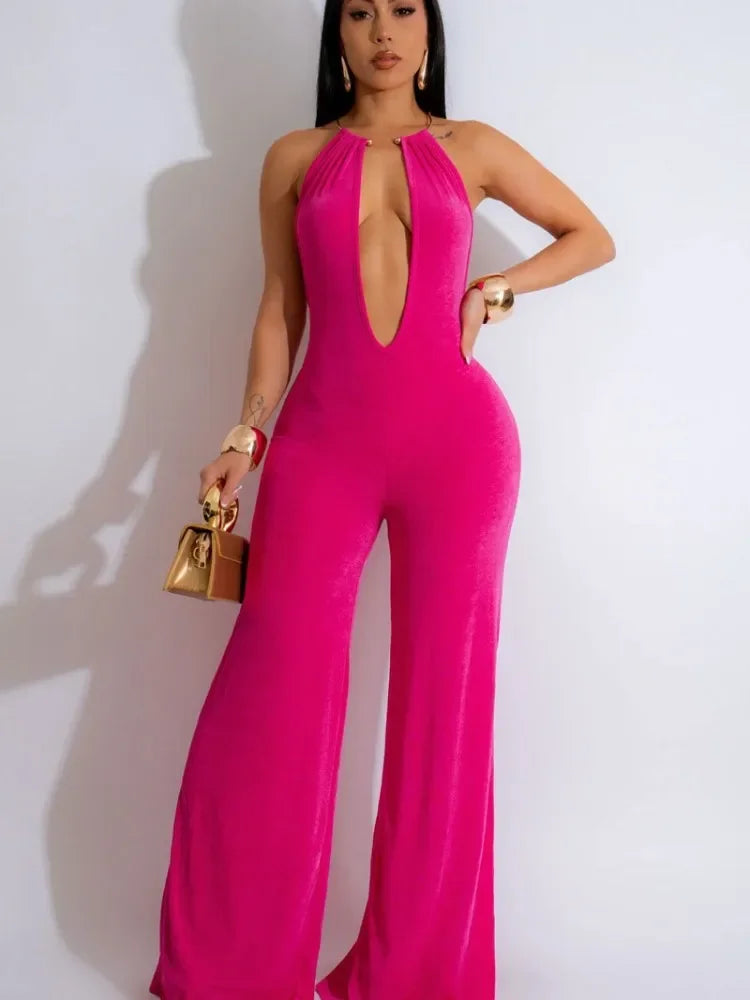 Elegant Halter Deep V Backless Cutout Wide Leg Jumpsuits - Piña Colada