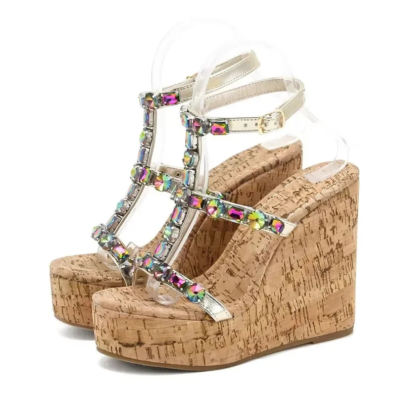 Crystal Buckle Strap Platform Wedge Sandals – Elegant Chunky Heels - Piña Colada