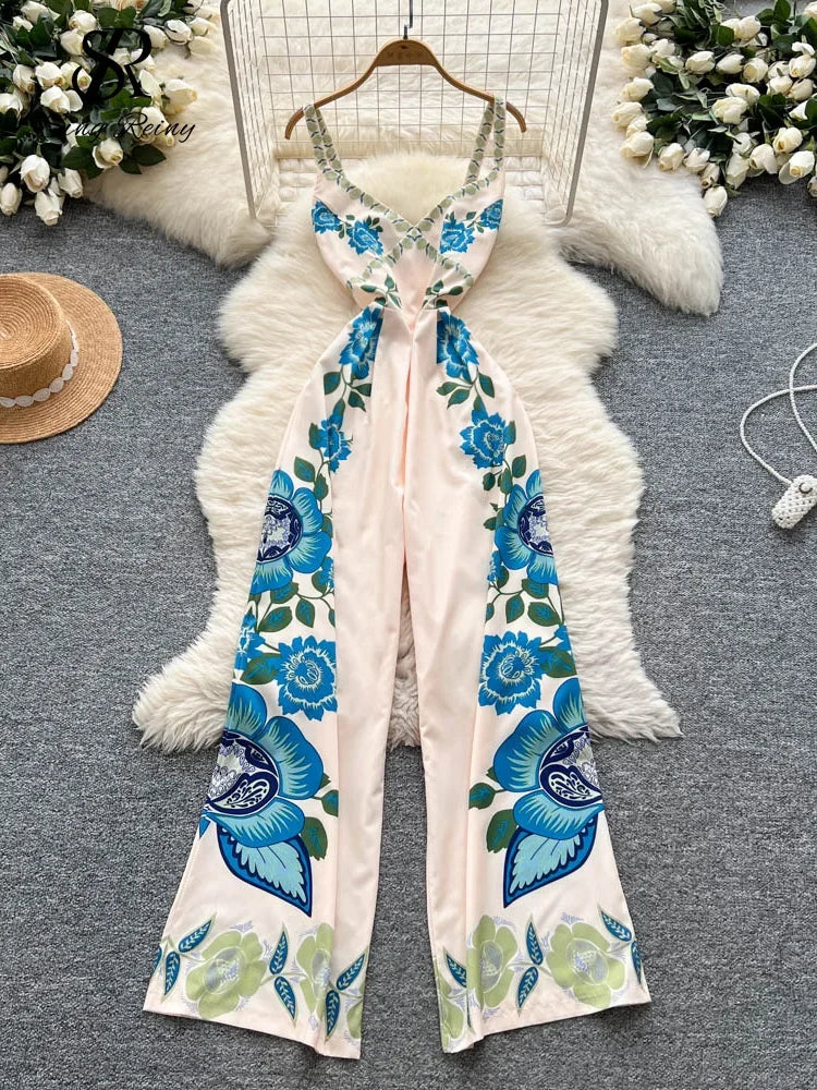 Vintage Printed Jumpsuit for Women – Full-Length Summer Romper with Mid Waist - Piña Colada