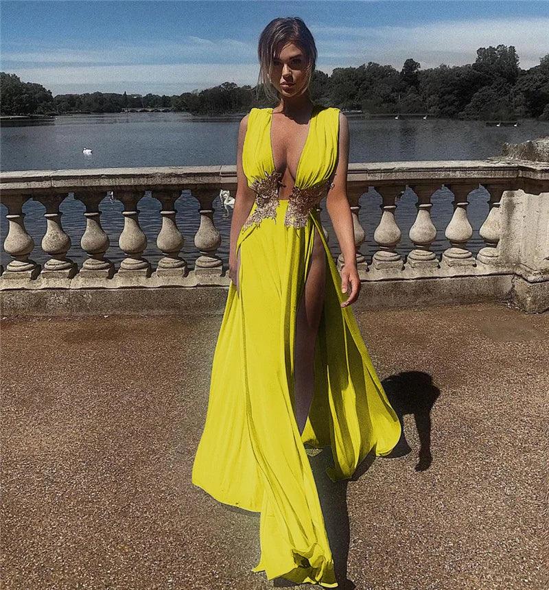 Elegant V-Neck Embroidered Maxi Dress - Piña Colada