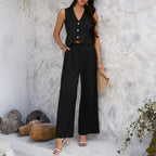 Summer V-Neck Button Crop Top & Wide-Leg Pants Set - Piña Colada