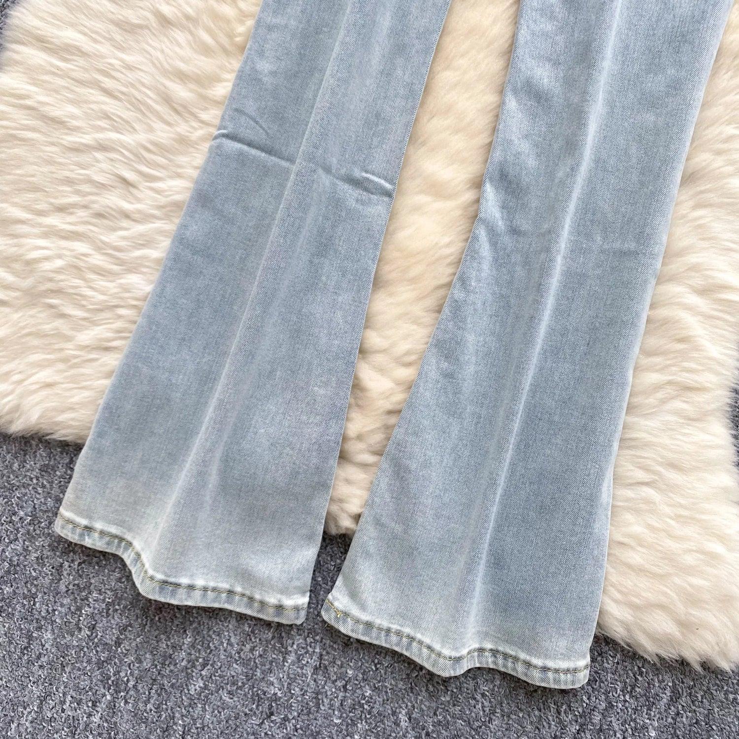 High-Waisted Flared Denim Pants with Faux Zippers – Streetwear Style - Piña Colada