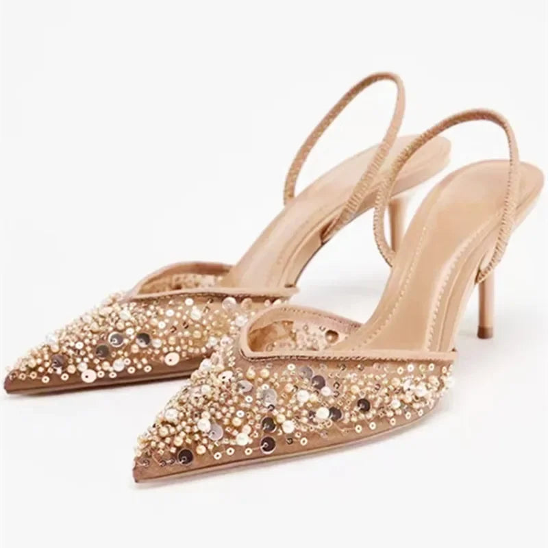 Bling String Bead Mesh High Heels - Piña Colada