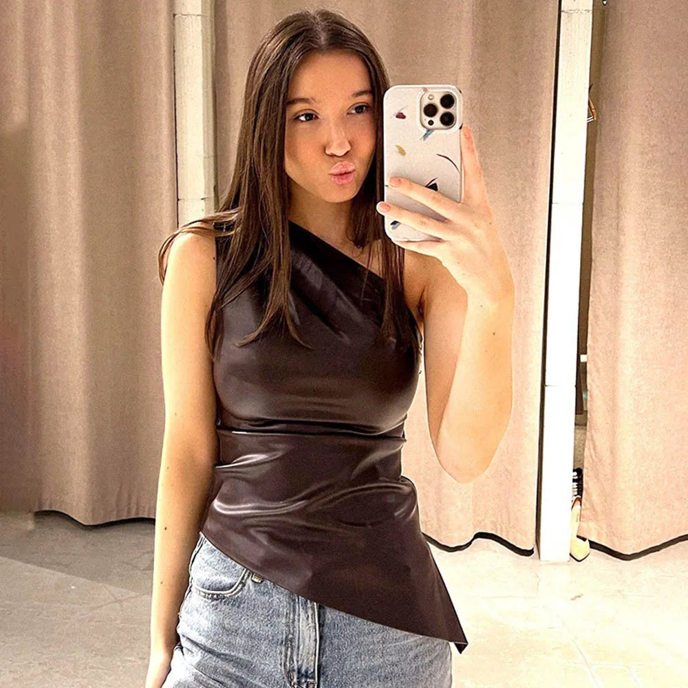 Asymmetrical Skew Neck Sleeveless Top