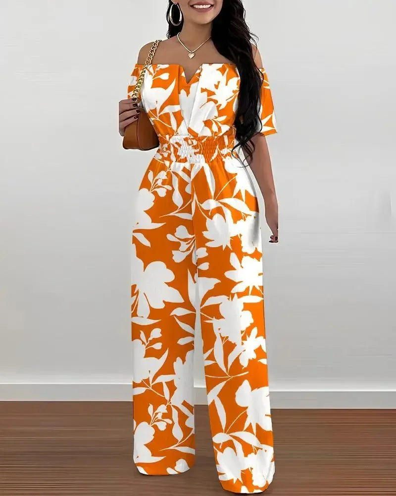 Print Wide Leg Jumpsuits Off-shoulder - Piña Colada