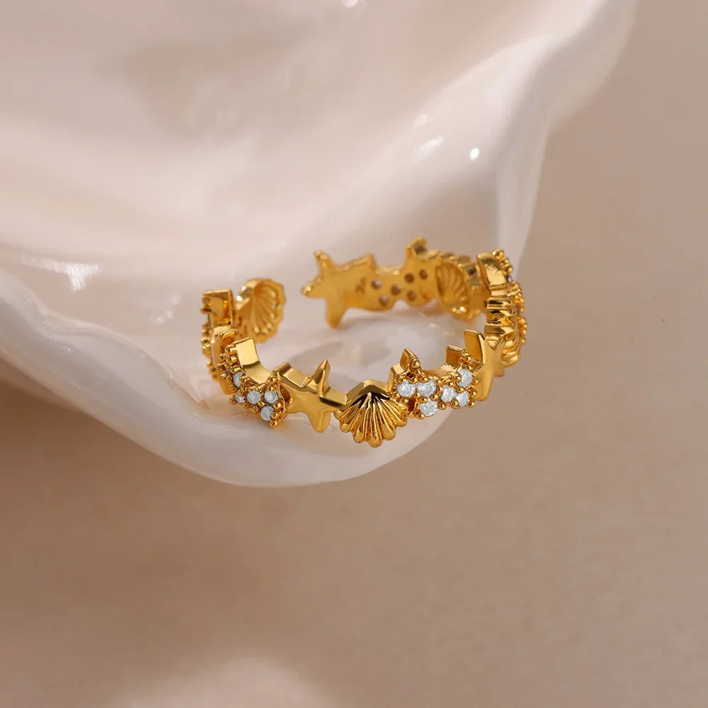 Gold Ocean Starfish & Shell Open Ring - Piña Colada