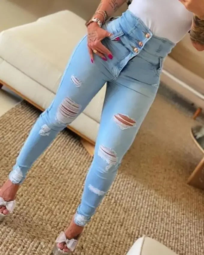 Distressed High Waist Skinny Jeans – Bleach Wash Denim Look - Piña Colada