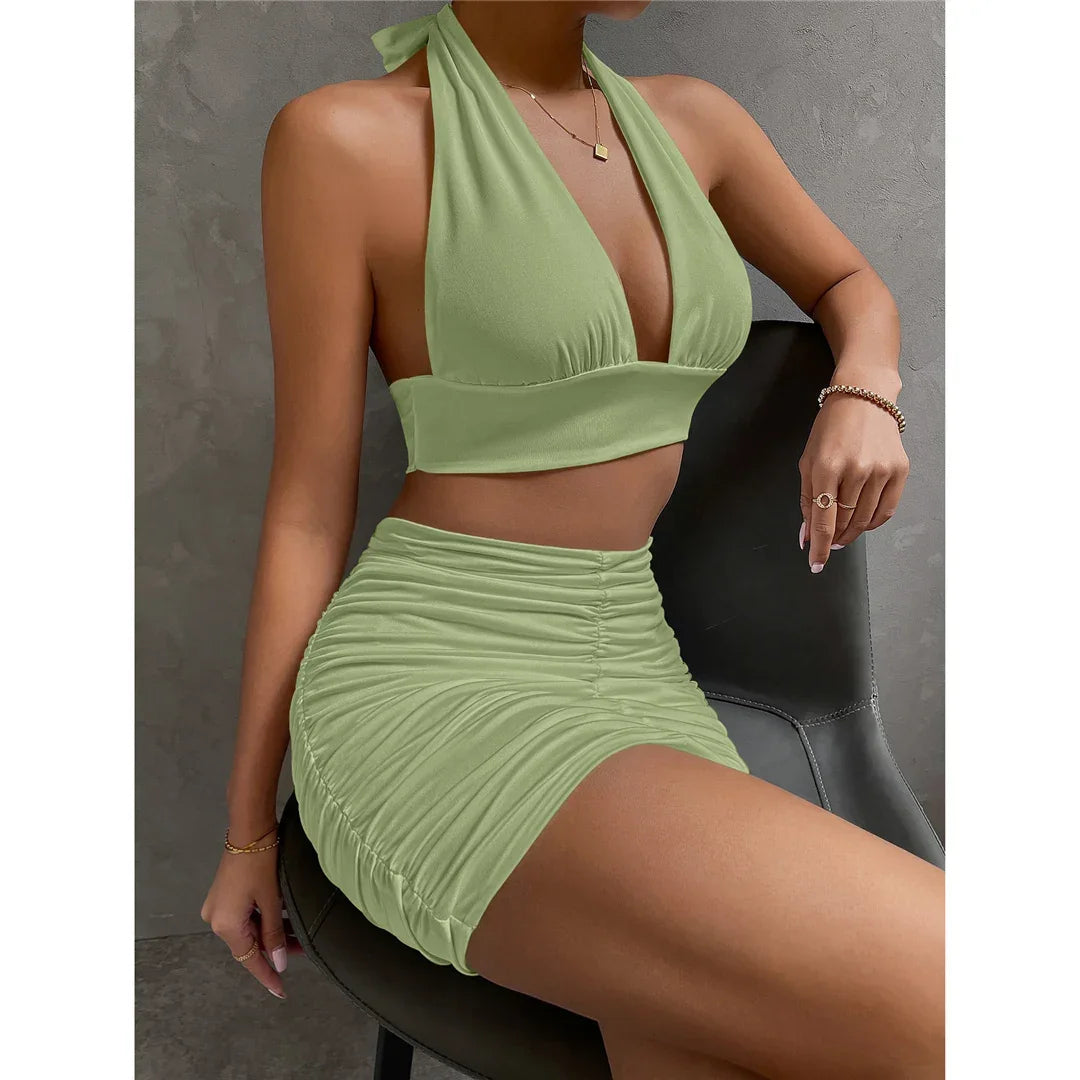 Pleated V-Neck Bodycon Mini Dress – Sexy Club Style - Piña Colada