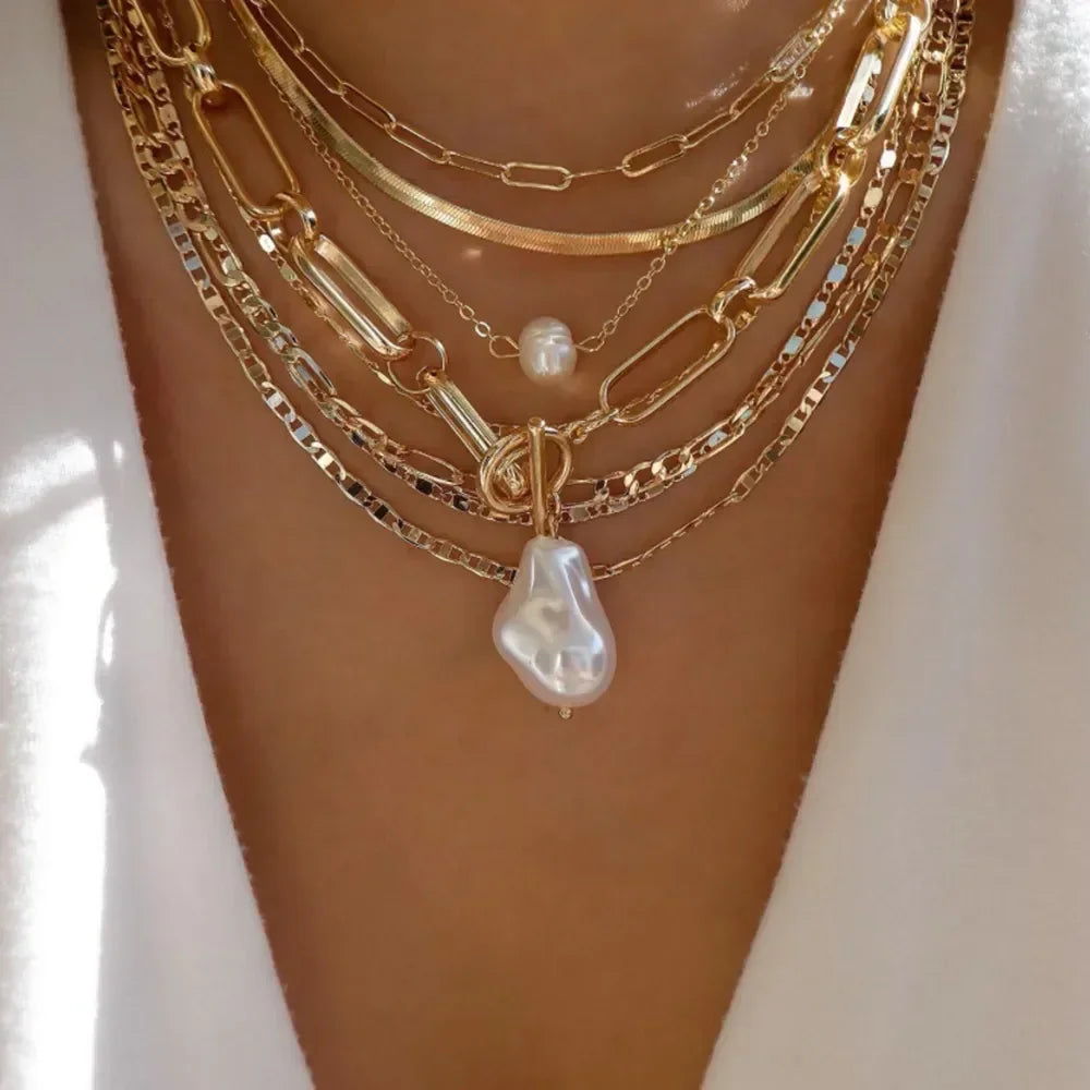 Boho Multi-Layer Gold Crystal Pendant Necklace Set - Piña Colada
